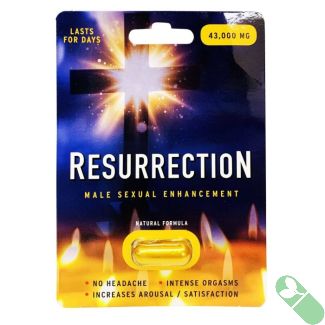 "Resurrection 43000mg male sexual performance enhancer gold pill packaging front"

