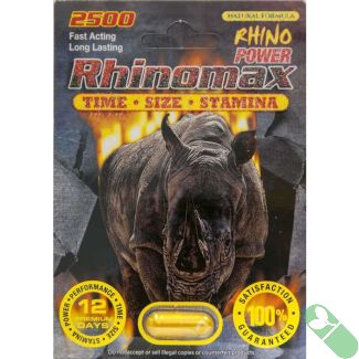"RhinoMax Rhino Power Pill 12 Premium Days male enhancer capsule pack with blue label"

