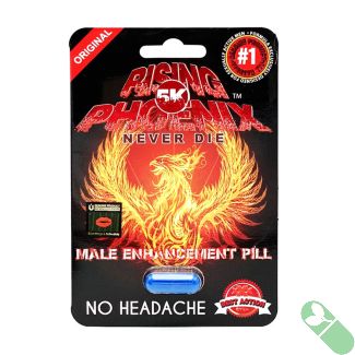 A detailed image of Rising Phoenix 5K Pill packaging, highlighting its bold design and key features for sexual enhancement