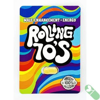 Rolling 70's male enhancement and energy supplement gold pill pack front label with colorful design