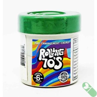 Rolling 70s Male Enhancement Supplement bottle with 6 pills packaging in sleek black and red design.

