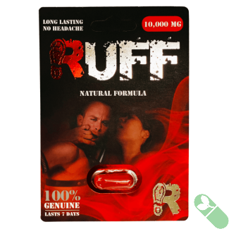 "RUFF 10000mg Natural Formula Male Enhancement Red Pill bottle with red label and dosage details"