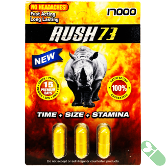 "Rush 73 Gold 17000 male enhancement 3-pill pack front packaging with rhino image"

