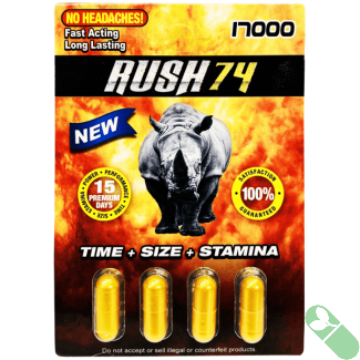 "Rush 74 Gold male enhancement capsule blister pack with 4 yellow pills, fast acting and long lasting"

