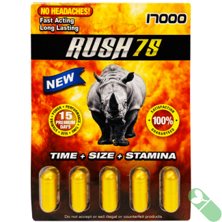 "Rush 75 Gold male enhancement capsules pack with 5 yellow pills and rhino logo on fiery background"


