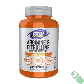 “NOW Sports Arginine & Citrulline formula with L-Arginine and L-Citrulline for nitric oxide support in veggie capsules”

