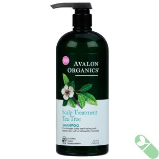 Avalon Organics Scalp Treatment Tea Tree Shampoo 32 oz bottle on a bathroom shelf

