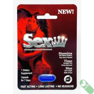Sex King Male Performance Enhancement blue pill capsule and packaging with red and black design.

