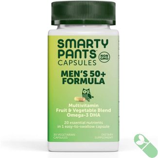 SmartyPants Men's 50+ Formula Multivitamin – front view of bottle with label showing 30 vegetarian capsules