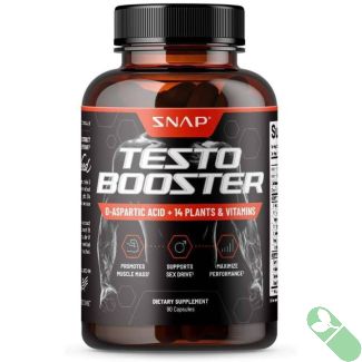 Herbal ingredient icons on Snap Men Testosterone Booster bottle emphasizing Tongkat Ali and Ginseng

