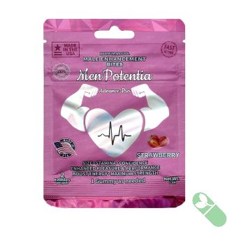 Men Potentia Advance Pro strawberry-flavored male enhancement gummies, formulated to enhance energy, stamina, and libido with Ashwagandha and Maca Root.