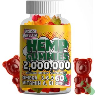 Front label of Addot WellLife Hemp Vitamin Gummies – 60-count vegan formula with omega 3-6-9 and calming support