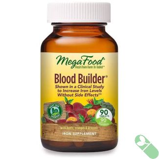 Close-up of MegaFood Blood Builder Iron Supplement capsules – easy to swallow iron tablets