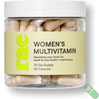 "Rae Women's Multivitamin supplement bottle with 60 capsules – vegan and gluten-free daily support"

