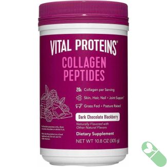 Lifestyle shot of collagen powder, berries, and shaker bottle with product