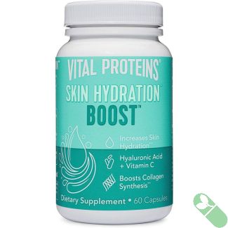 Infographic showing skin health benefits of Vital Proteins Skin Hydration Boost with hyaluronic acid and vitamin C