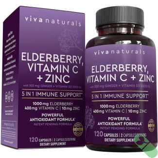 Complete 5-in-1 immune system support with elderberry, vitamin C, zinc, D3, and ginger – Viva Naturals 120 caps

