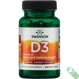 "Swanson Vitamin D3 Bone & Immune Health Supplement – 250 Softgels packaging emphasizing bone and immune support benefits."
