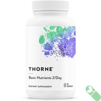 Side view of Thorne Basic Nutrients 2/Day Complete Multivitamin 60 Caps showing capsule size and white plastic safety seal.

