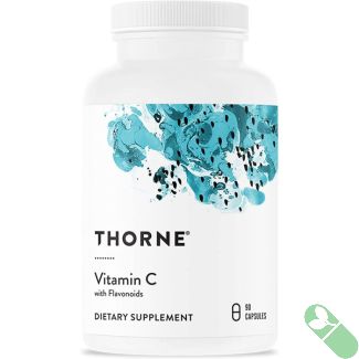 "Side view of Thorne Vitamin C with Flavonoids Dietary Supplement bottle"

