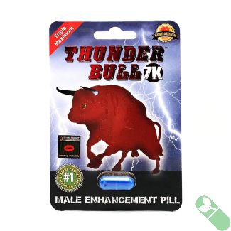 Thunder Bull 7K pill packaging highlighting increased stamina and performance for an improved sexual experience.
