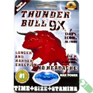 "Thunder Bull 9X male enhancement blue capsule blister pack with red bull logo and lightning background"

