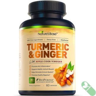 "Nature’s Base Turmeric Ginger Apple Cider Vinegar bottle with safety seal and product branding"

