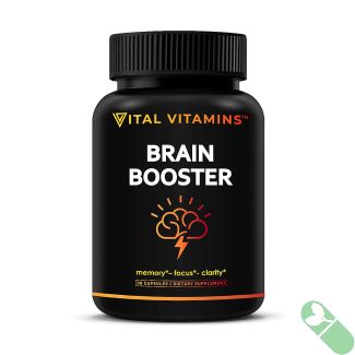 Bottle of Vital Vitamins Brain Booster featuring 30 nootropic capsules for improved memory and focus on a black background.