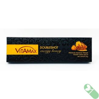 Vitamax Double-shot Energy Honey sachet and brand logo visible in photo
