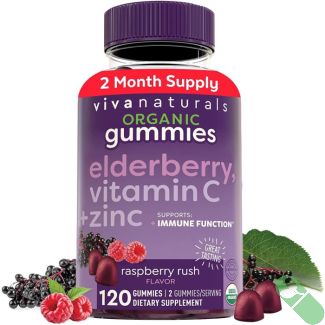 Viva Naturals Organic Black Elderberry Gummies with Vitamin C & Zinc bottle and handful of purple gummies for daily immune support.

