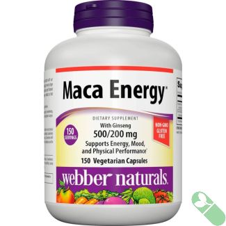 Webber Naturals Maca Energy Performance Enhancer bottle front label with 150 vegetarian capsules

