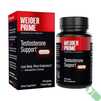 Weider Prime Testosterone Support designed to increase endurance and muscle strength with 120 capsules per bottle.