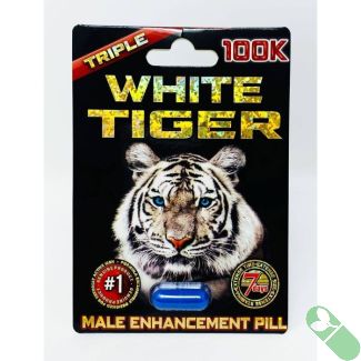 "White Tiger 100K Triple male performance enhancement blue capsule with tiger image on black packaging"