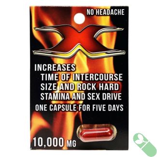 "X 10,000 Red natural male enhancement supplement packaging front"

