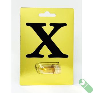"X Gold 17500 male sexual performance enhancement pill capsule on gold card packaging"

