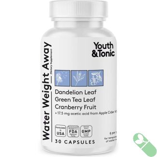 "Youth Tonic Water Weight Away bottle front label, 30 capsules, herbal diuretic with dandelion and green tea"

