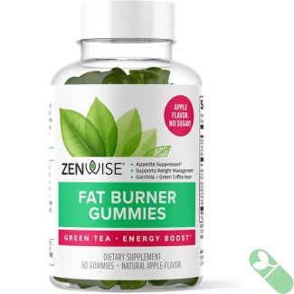 "Zenwise Fat Burner Gummies bottle with raspberry ketone icon and apple flavor label, designed for weight management"


