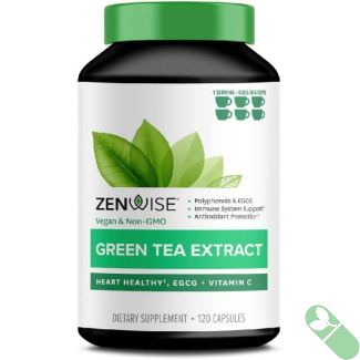 Zenwise Green Tea Extract EGCG + Vitamin C – 120 Count Bottle with Green Tea Leaves Background
