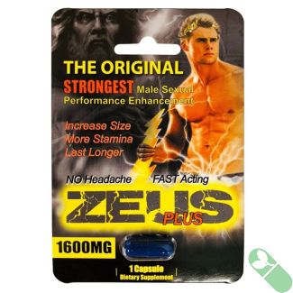 Zeus 1600mg single capsule blister pack front label showing strong male enhancement claims

