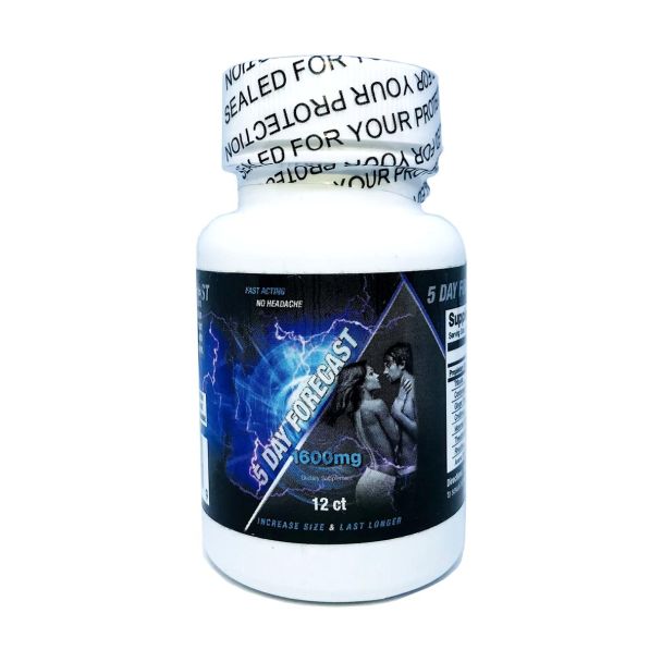 Bottle of 5 Day Forecast 1600mg with 12 male enhancement pills for extended stamina and performance.