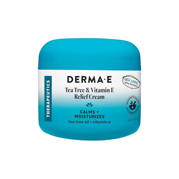 DERMA E natural relief moisturizer with tea tree oil and vitamin E in a 4 oz container.