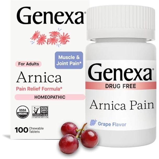 Genexa Arnica Pain Relief chewable tablets with organic grape flavor and homeopathic muscle support