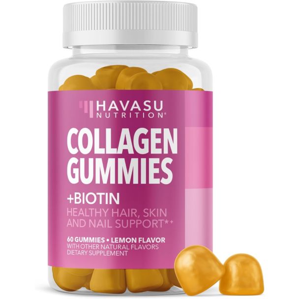 Bottle of collagen gummies supplement with biotin for hair growth skin glow and nail strength