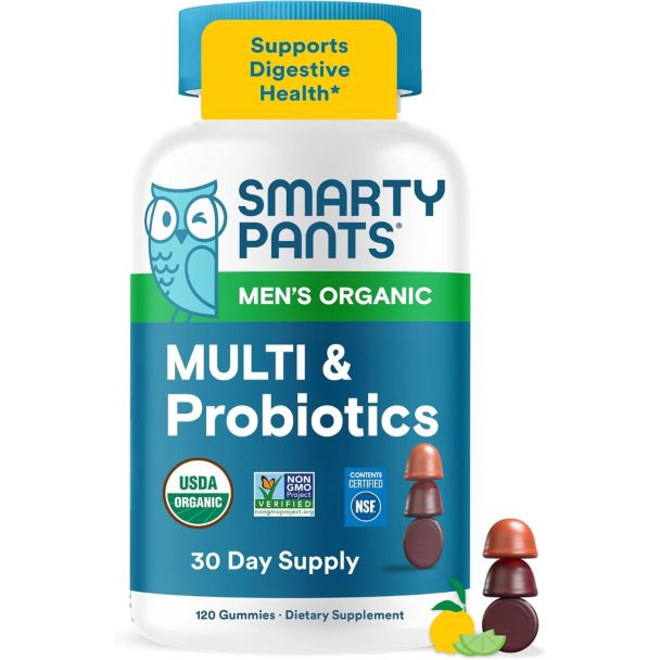 SmartyPants Men’s Organic Multivitamin in orange, raspberry and cherry flavors, 30-day supply