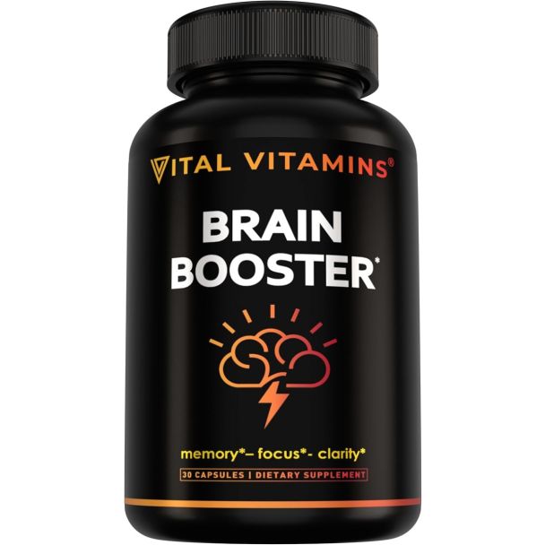 Vital Vitamins Brain Booster supplement bottle for memory and focus support