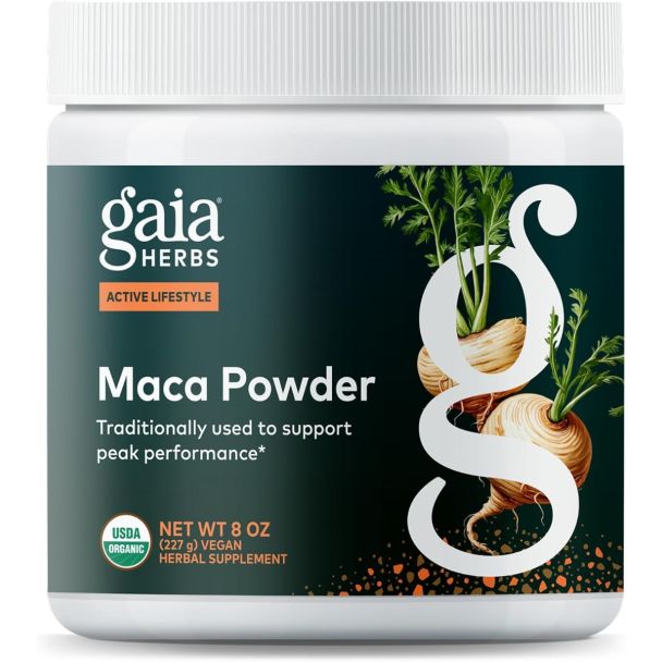 Close-up of Gaia Herbs maca root powder, a plant-based adaptogen supplement designed to support energy and hormonal balance.