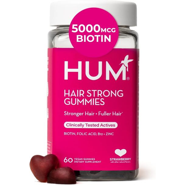 Strawberry-flavored HUM hair growth support gummies, non-GMO and free from artificial colors