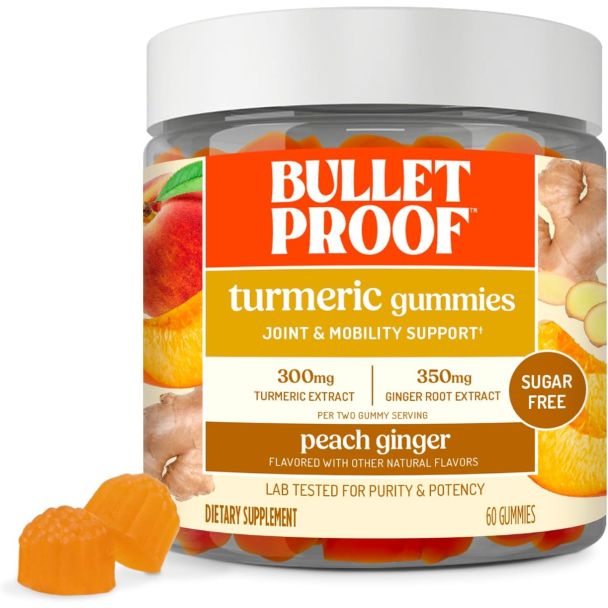 Bulletproof vegan turmeric supplement gummies in a 60-count jar, made for daily joint health and wellness support.