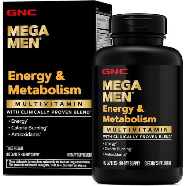 GNC Mega Men Energy and Metabolism multivitamin bottle with 180 caplets for men’s daily wellness support