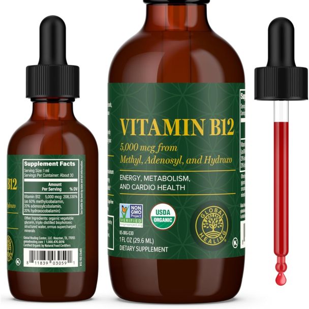 Organic Global Healing Vitamin B12 Tri-Blend sublingual drops for energy and metabolism support.